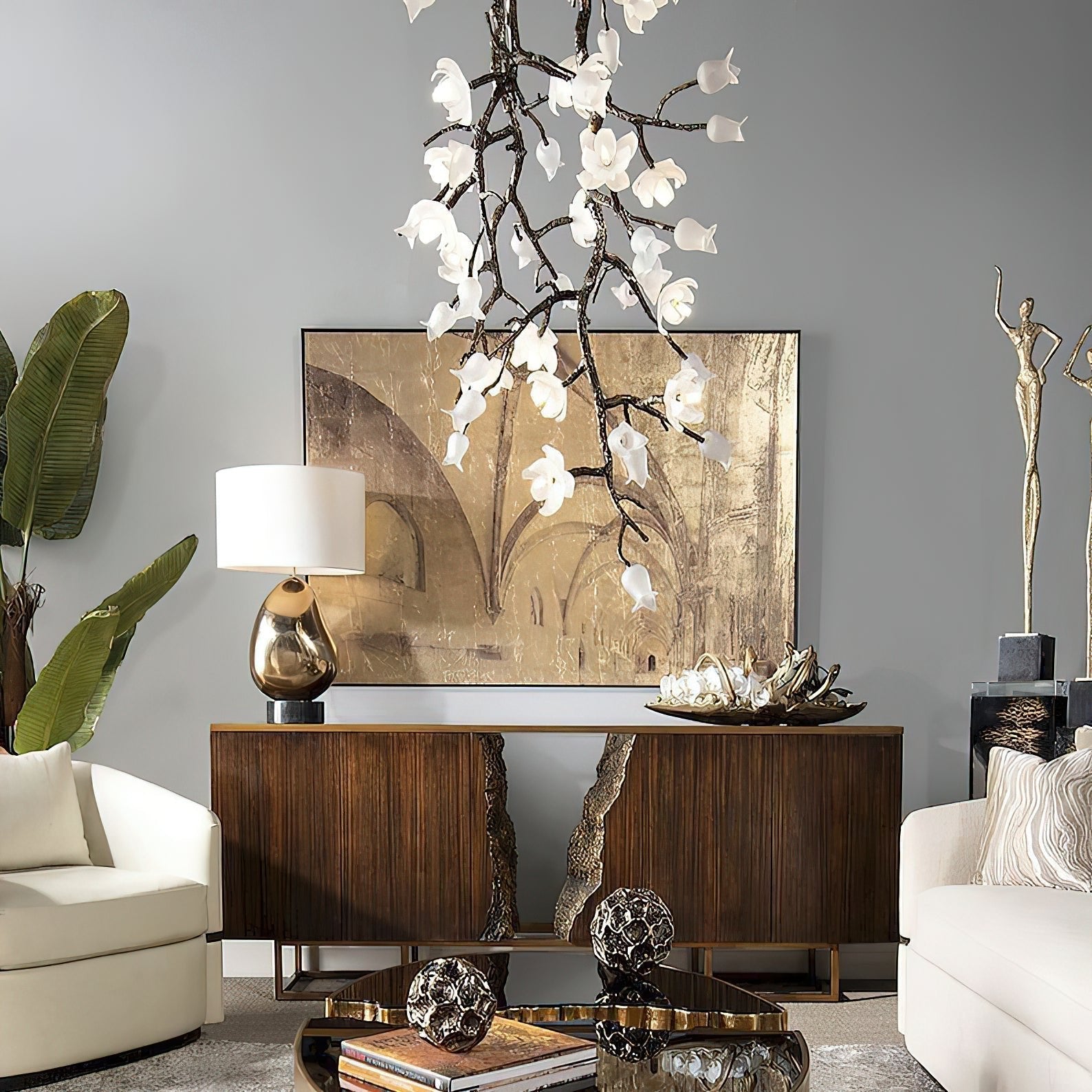 Churippu Branch Brass Chandelier - 21 lights ∅ 36″ x W 36″ x H 77.6″Brushed Dark Bronze & White CeramicBlushlighting