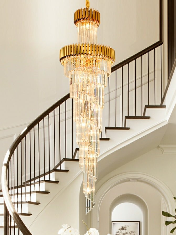 Classic Large Multi - layered Spiral Crystal Chandelier for Foyer/ Staircase - D17.7"*H59.1"/12 Lights/16 kgBlackWhite LightBlushlighting