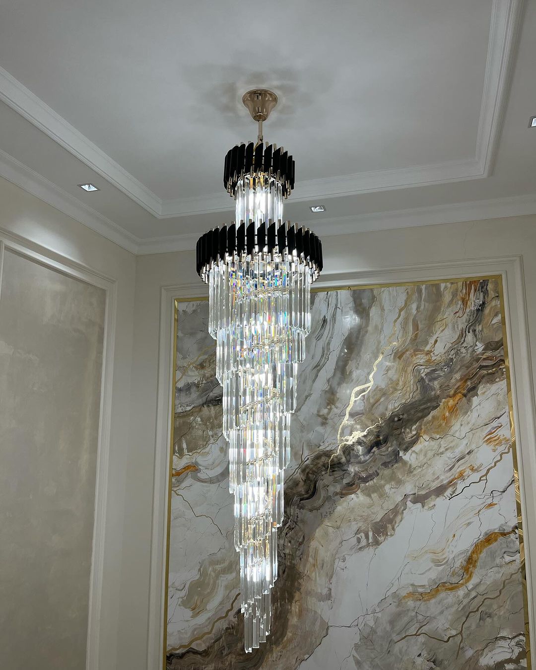 Classic Large Multi - layered Spiral Crystal Chandelier for Foyer/ Staircase - D17.7"*H59.1"/12 Lights/16 kgBlackWhite LightBlushlighting