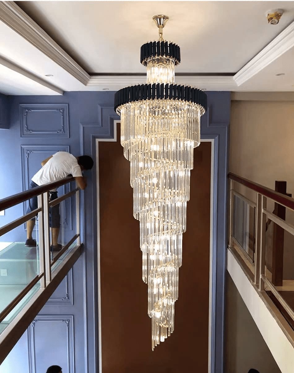 Classic Large Multi - layered Spiral Crystal Chandelier for Foyer/ Staircase - D47.2 "*H196"/58 Lights/172.6 kgBlackWarm LightBlushlighting
