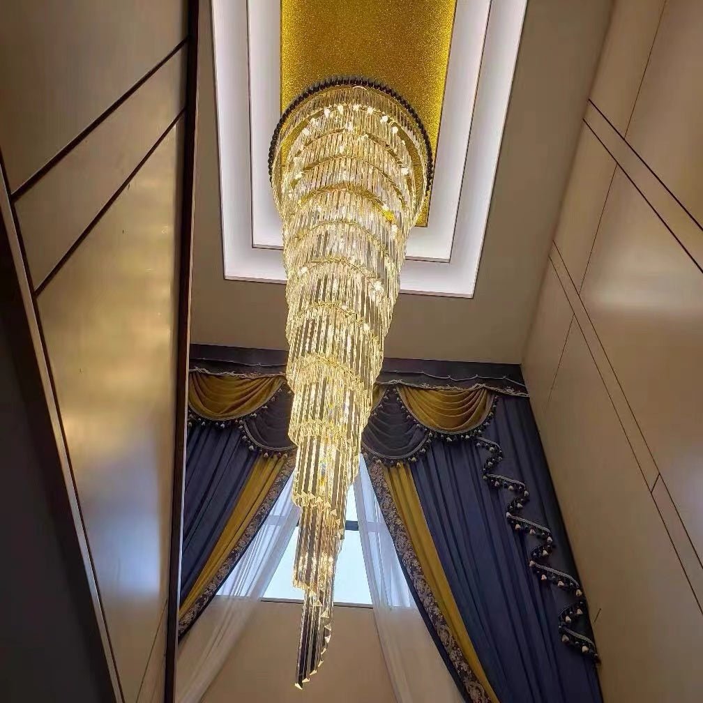 Classic Large Multi - layered Spiral Crystal Chandelier for Foyer/ Staircase - D17.7"*H59.1"/12 Lights/16 kgBlackDimmable Warm LightBlushlighting