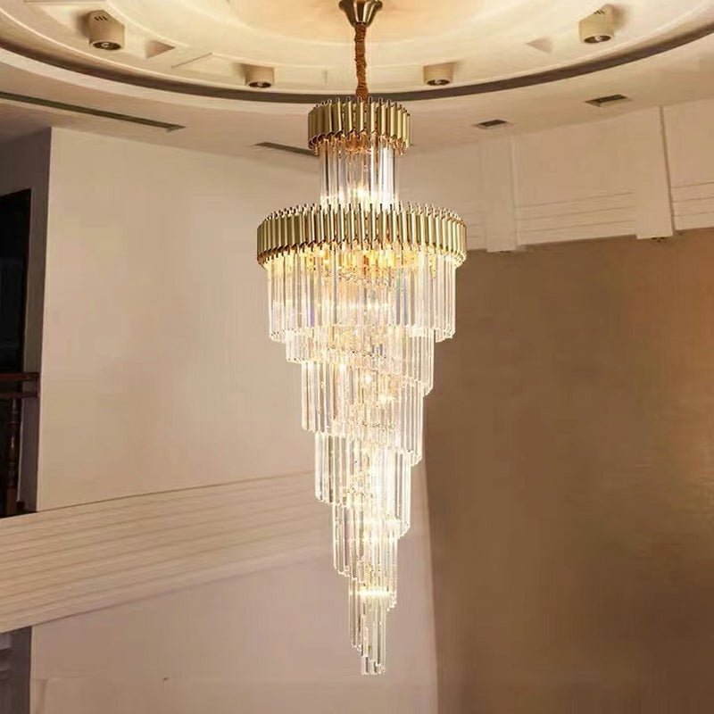 Classic Large Multi - layered Spiral Crystal Chandelier for Foyer/ Staircase - D17.7"*H59.1"/12 Lights/16 kgGoldDimmable Warm LightBlushlighting