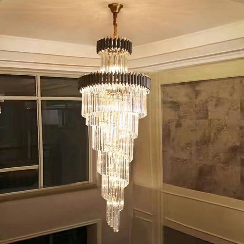 Classic Large Multi - layered Spiral Crystal Chandelier for Foyer/ Staircase - D17.7"*H59.1"/12 Lights/16 kgBlackWarm LightBlushlighting