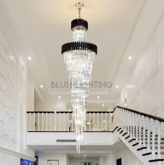 Classic Large Multi - layered Spiral Crystal Chandelier for Foyer/ Staircase - D17.7"*H59.1"/12 Lights/16 kgBlackDimmable White LightBlushlighting