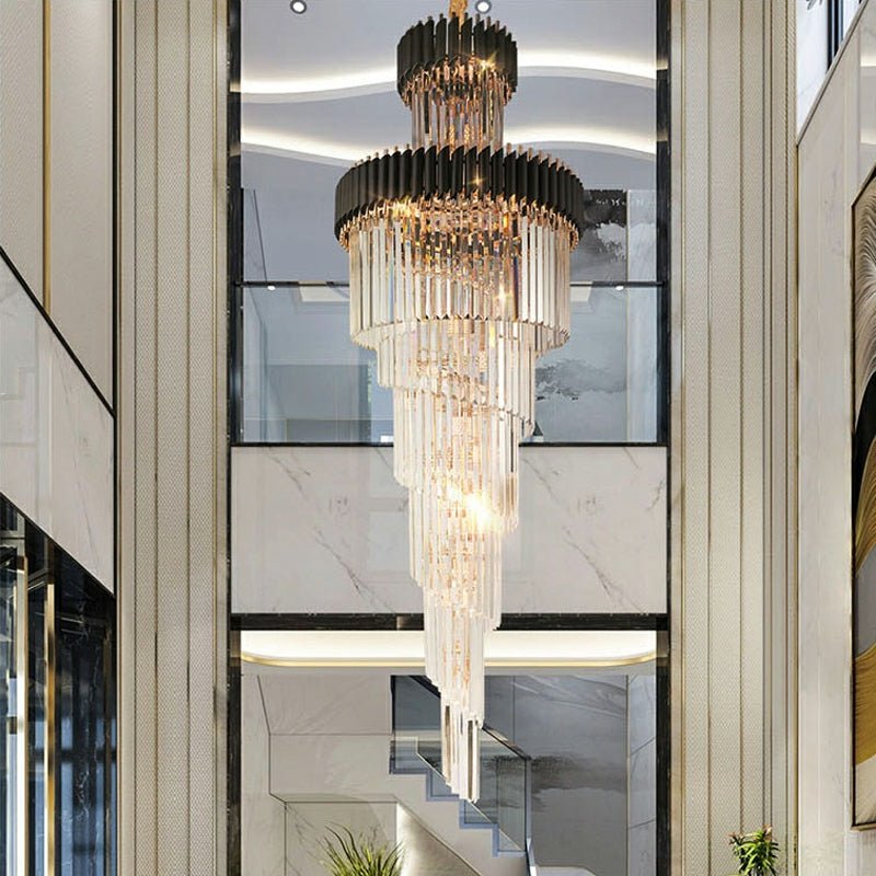 Classic Large Multi - layered Spiral Crystal Chandelier for Foyer/ Staircase - D17.7"*H59.1"/12 Lights/16 kgBlackWarm LightBlushlighting