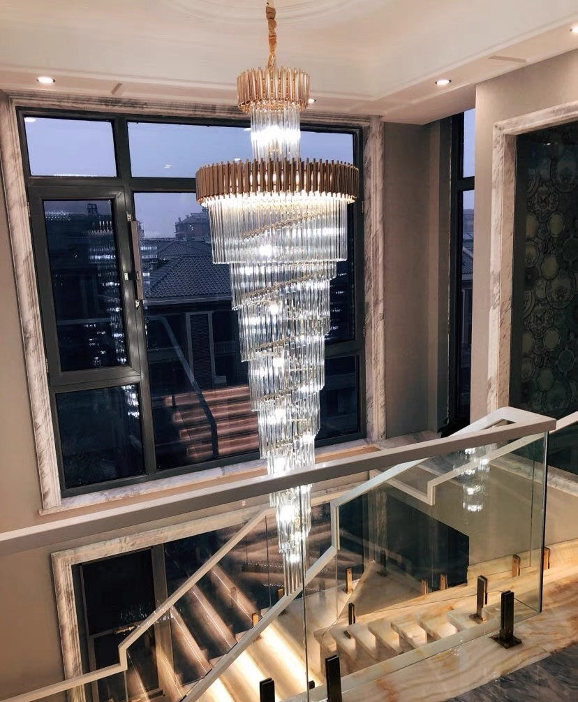 Classic Large Multi-layered Spiral Crystal Chandelier for Foyer/ Staircase-Chandeliers-Merlin Lamps-D17.7"*H59.1"/12 Lights/16 kg-Black-Warm Light-Blushlighting