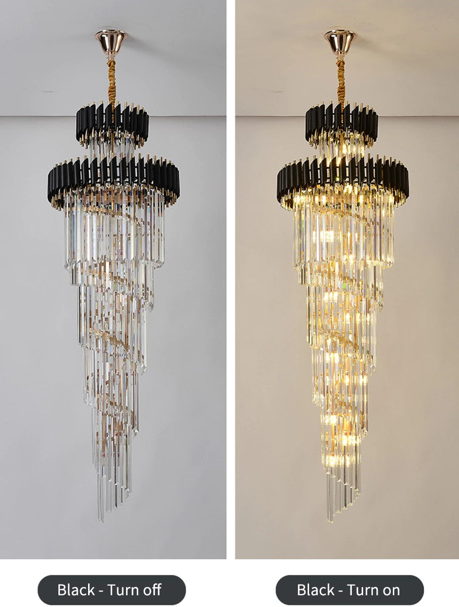 Classic Large Multi-layered Spiral Crystal Chandelier for Foyer/ Staircase-Chandeliers-Merlin Lamps-D17.7"*H59.1"/12 Lights/16 kg-Black-Dimmable Warm Light-Blushlighting