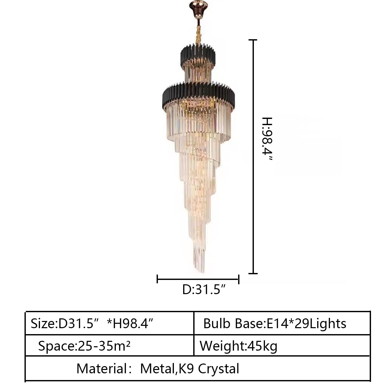 Classic Large Multi-layered Spiral Crystal Chandelier for Foyer/ Staircase-Chandeliers-Merlin Lamps-D17.7"*H59.1"/12 Lights/16 kg-Black-Warm Light-Blushlighting
