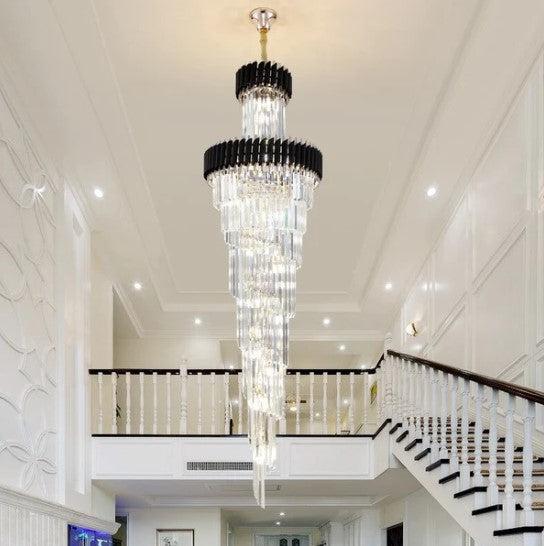 Classic Large Multi-layered Spiral Crystal Chandelier for Foyer/ Staircase-Chandeliers-Merlin Lamps-D17.7"*H59.1"/12 Lights/16 kg-Black-Dimmable White Light-Blushlighting