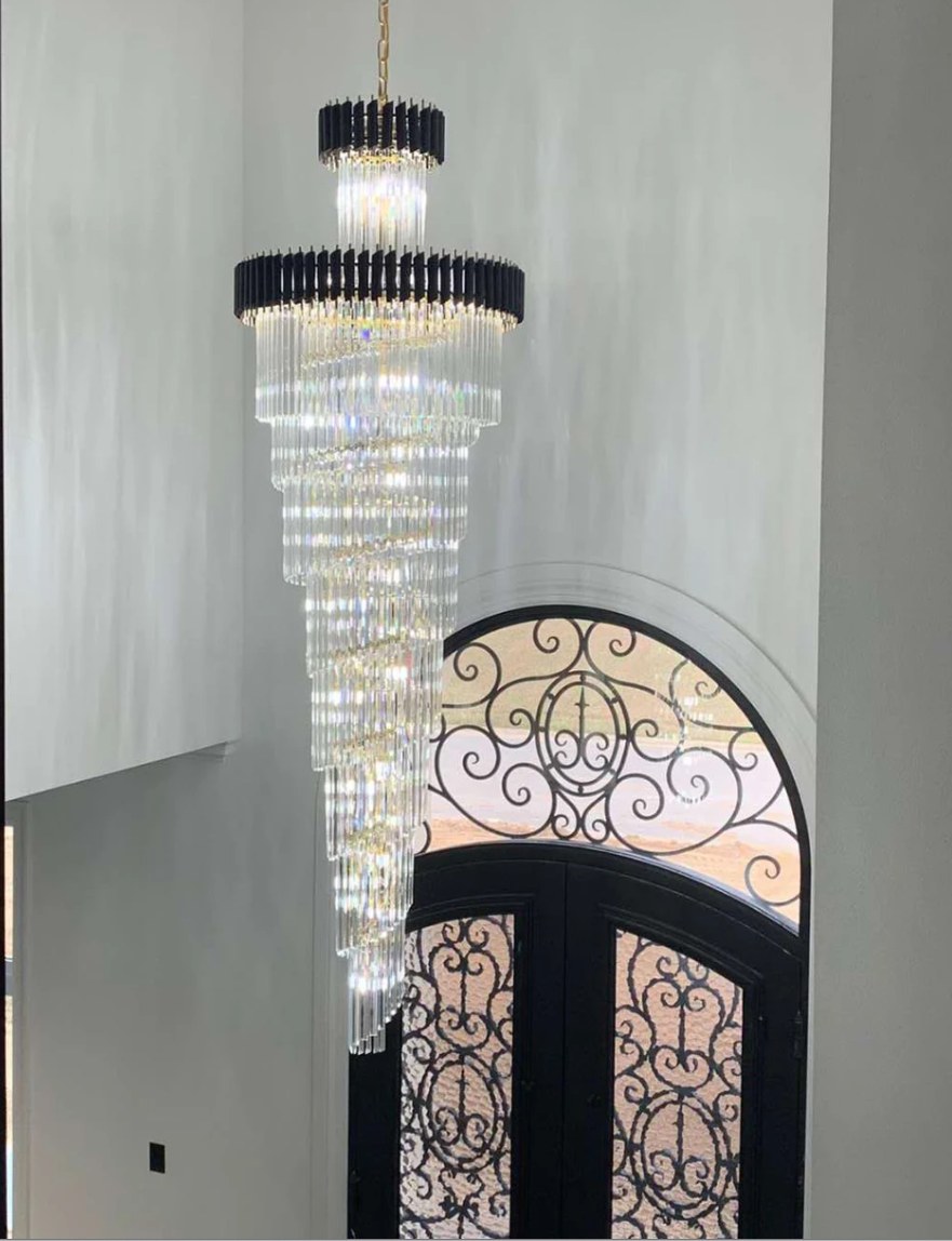 Classic Large Multi-layered Spiral Crystal Chandelier for Foyer/ Staircase-Chandeliers-Merlin Lamps-D17.7"*H59.1"/12 Lights/16 kg-Black-Warm Light-Blushlighting
