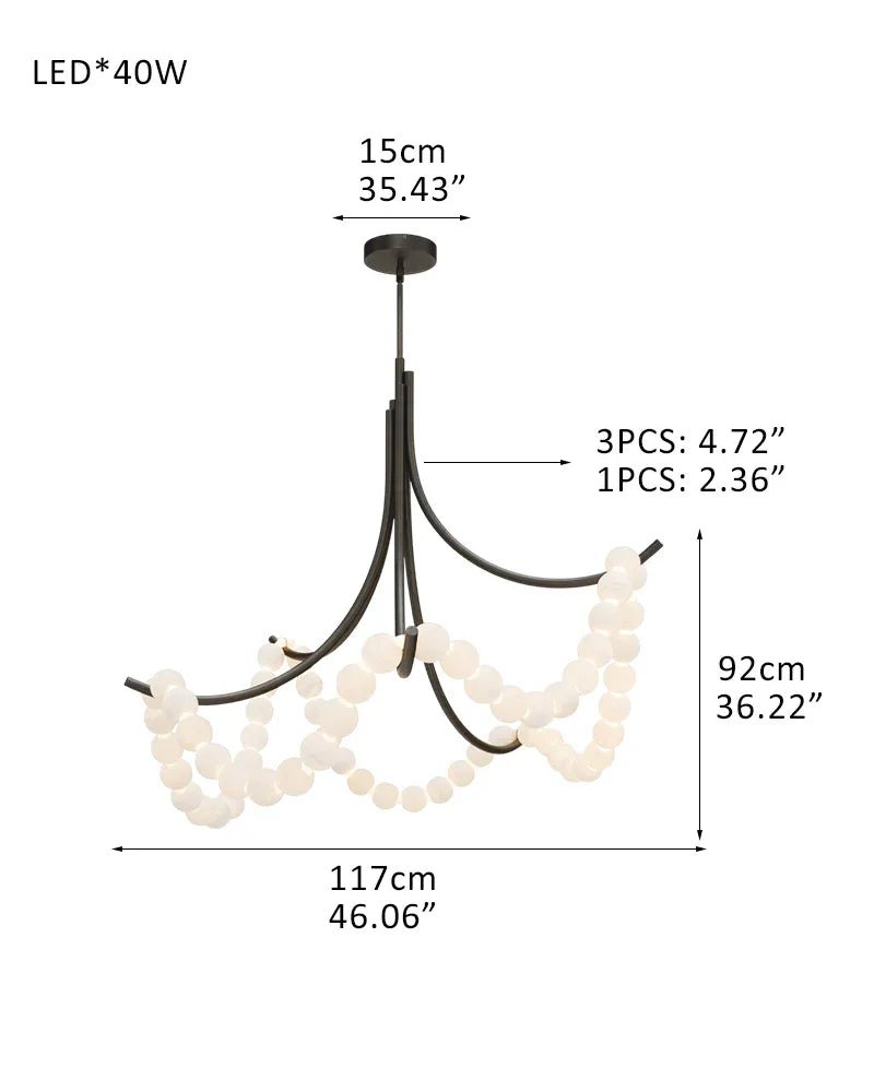 Cluster String Alabaster Beads Semi Flush Chandelier in Brass & Black Metal Rod - D117*H92CM/D46"*H36"Warm Light (3000K)BrassBlushlighting