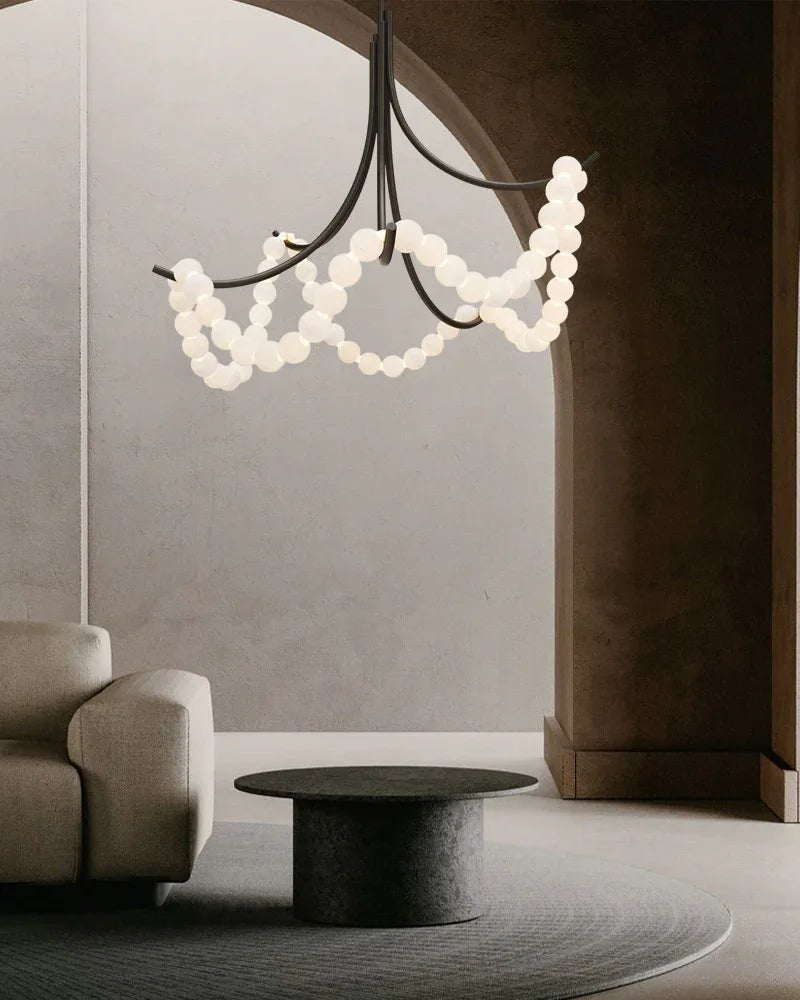 Cluster String Alabaster Beads Semi Flush Chandelier in Brass & Black Metal Rod - D117*H92CM/D46"*H36"Warm Light (3000K)BlackBlushlighting