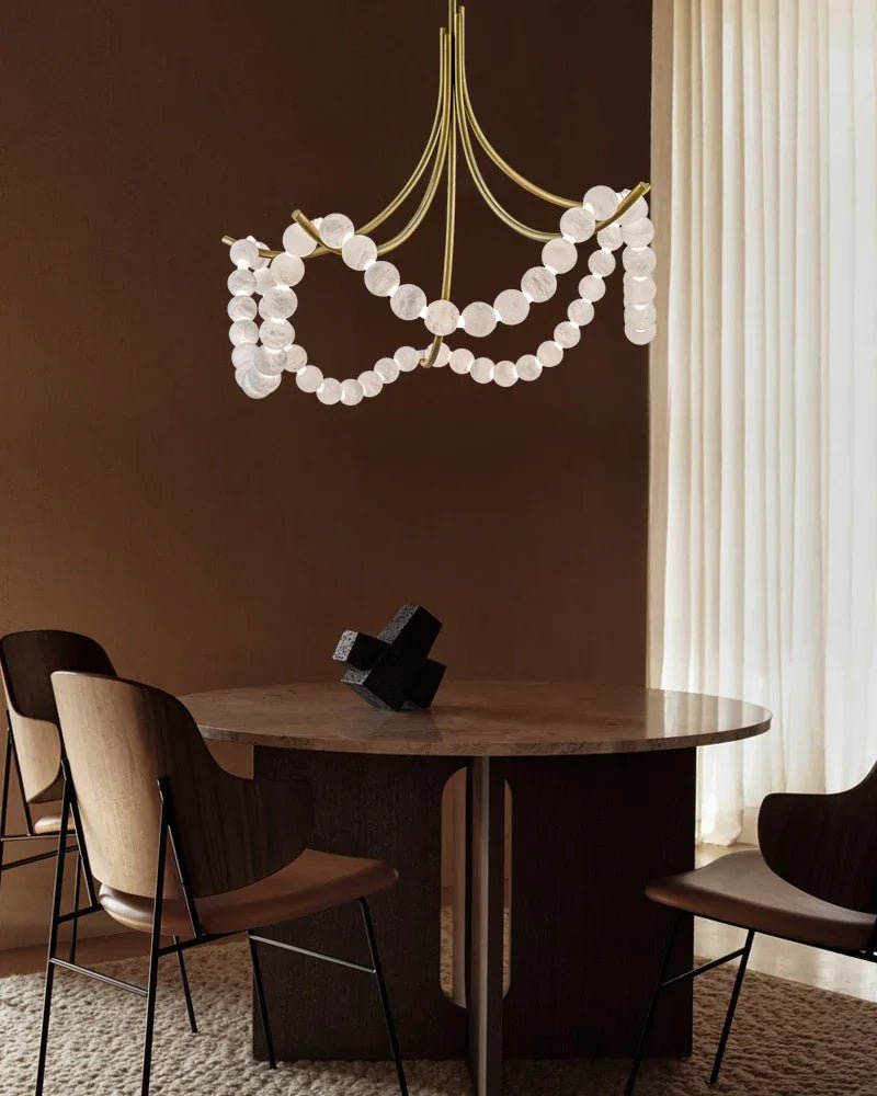 Cluster String Alabaster Beads Semi Flush Chandelier in Brass & Black Metal Rod - D117*H92CM/D46"*H36"Warm Light (3000K)BrassBlushlighting