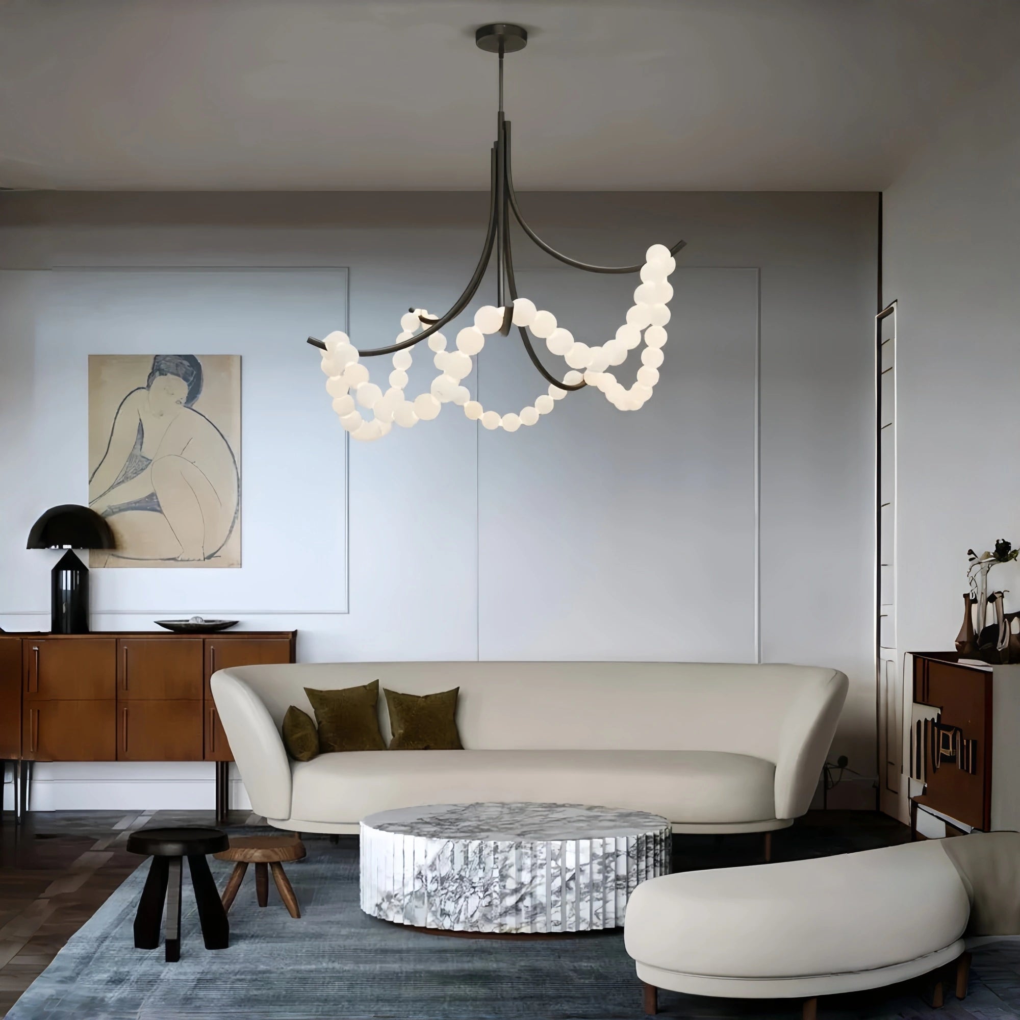 Cluster String Pearl Alabaster Chandelier in Brass & Black Metal Rod - D117*H92CM/D46"*H36"Cool Light (6000K)BlackBlushlighting