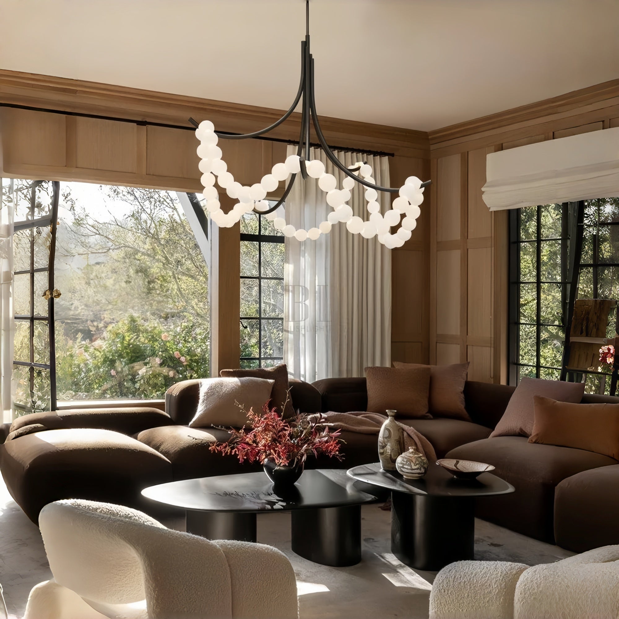 Cluster String Pearl Alabaster Chandelier in Brass & Black Metal Rod - D117*H92CM/D46"*H36"Cool Light (6000K)BlackBlushlighting