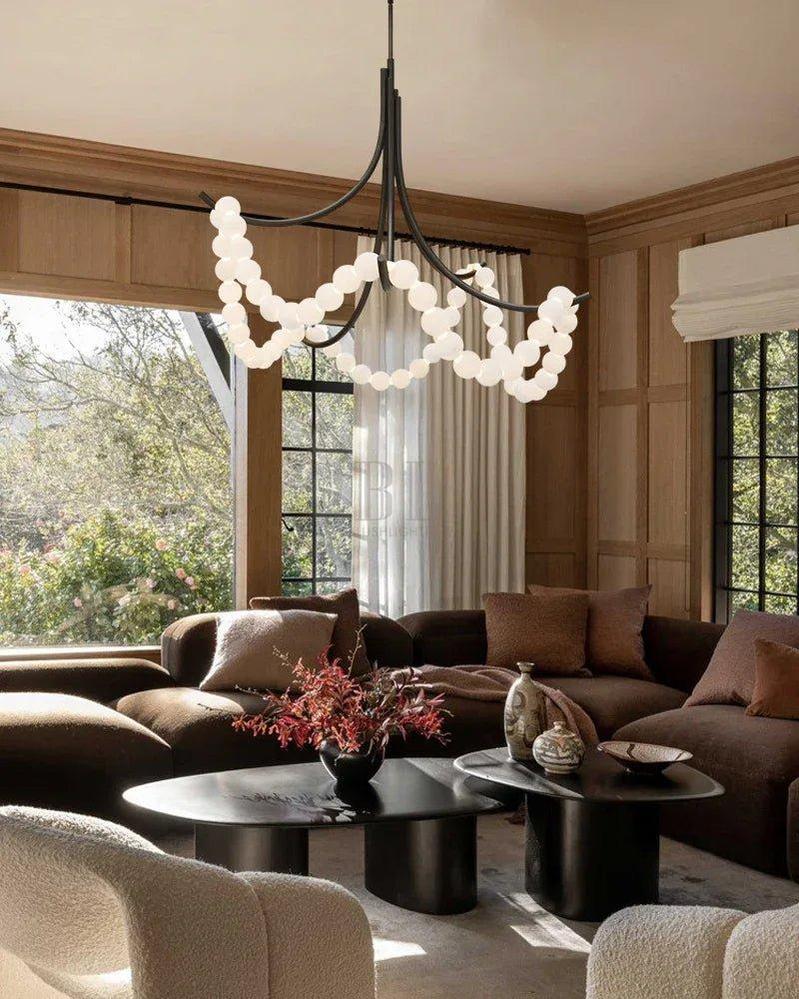 Cluster String Alabaster Beads Semi Flush Chandelier in Brass & Black Metal Rod-American chandelier-Blushlighting-D117*H92CM/D46"*H36"-Cool Light (6000K)-Brass-Blushlighting