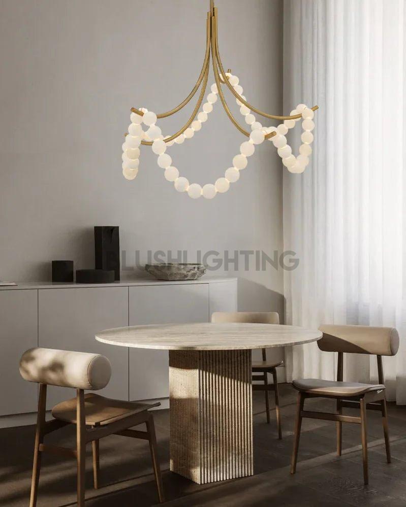 Cluster String Alabaster Beads Semi Flush Chandelier in Brass & Black Metal Rod-American chandelier-Blushlighting-Blushlighting