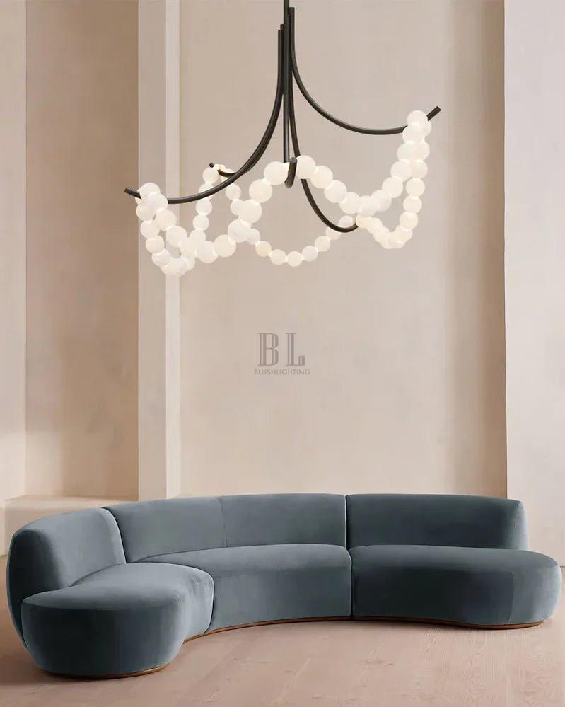 Cluster String Alabaster Beads Semi Flush Chandelier in Brass & Black Metal Rod-American chandelier-Blushlighting-Blushlighting