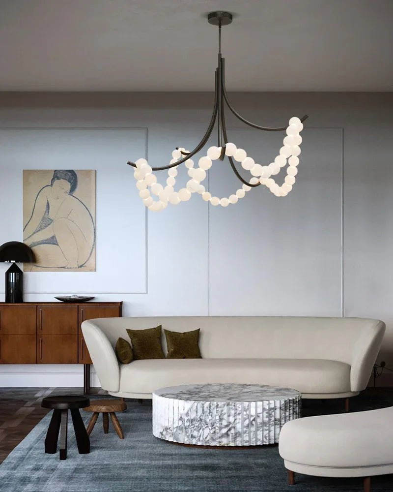 Cluster String Alabaster Beads Semi Flush Chandelier in Brass & Black Metal Rod-American chandelier-Blushlighting-Blushlighting