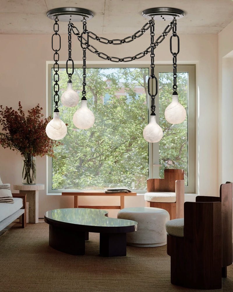 Cluster White Alabaster Globe Pendant Light with adjustable chain - 1-light-D15cm/D5.91"Black Chain + WhiteBlushlighting