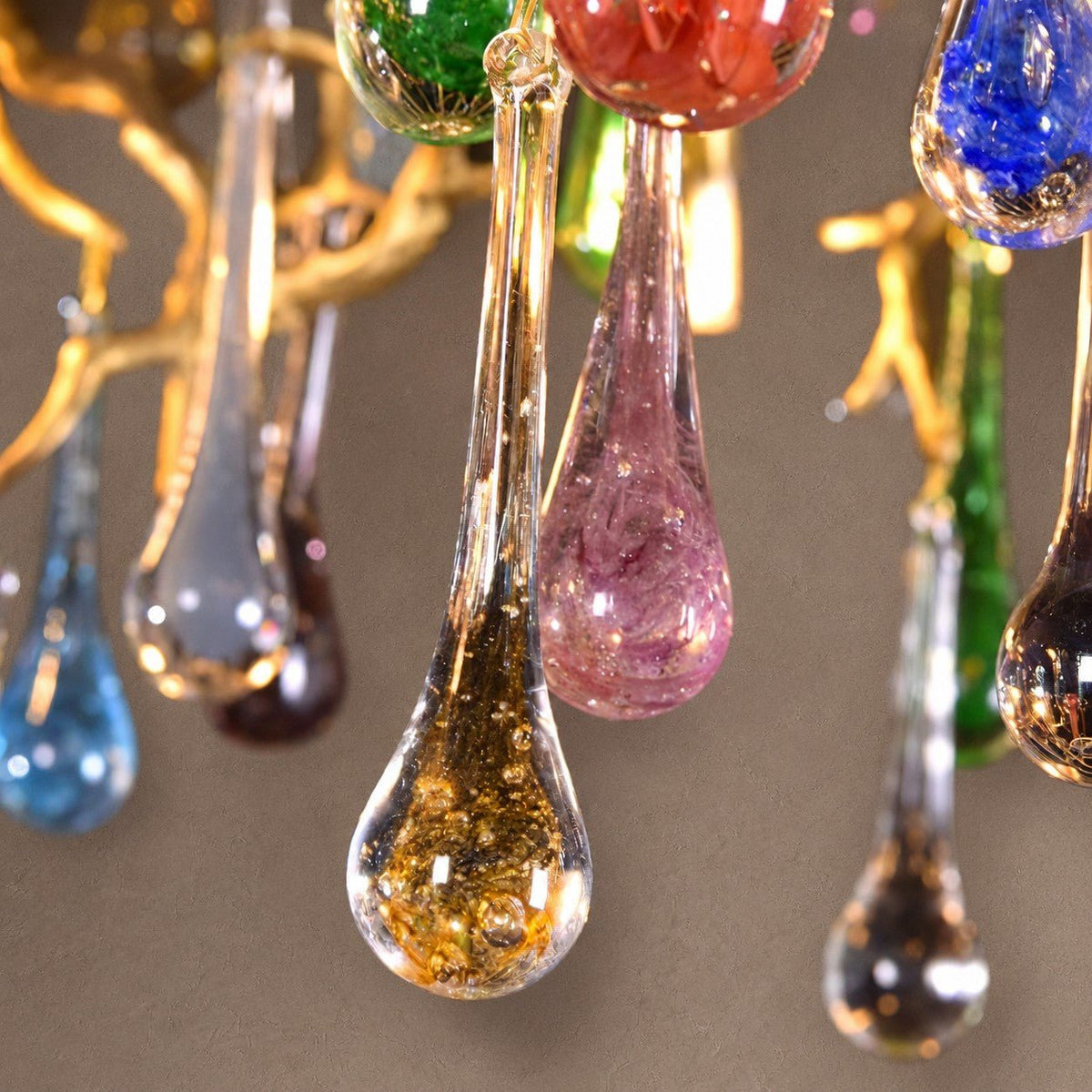 Colorful Raindrop Brass Branch Chandelier with Crystal Accents - ∅ 39.4″ x W 21.7″ x H 25.6″Brass & ColorfulBlushlighting