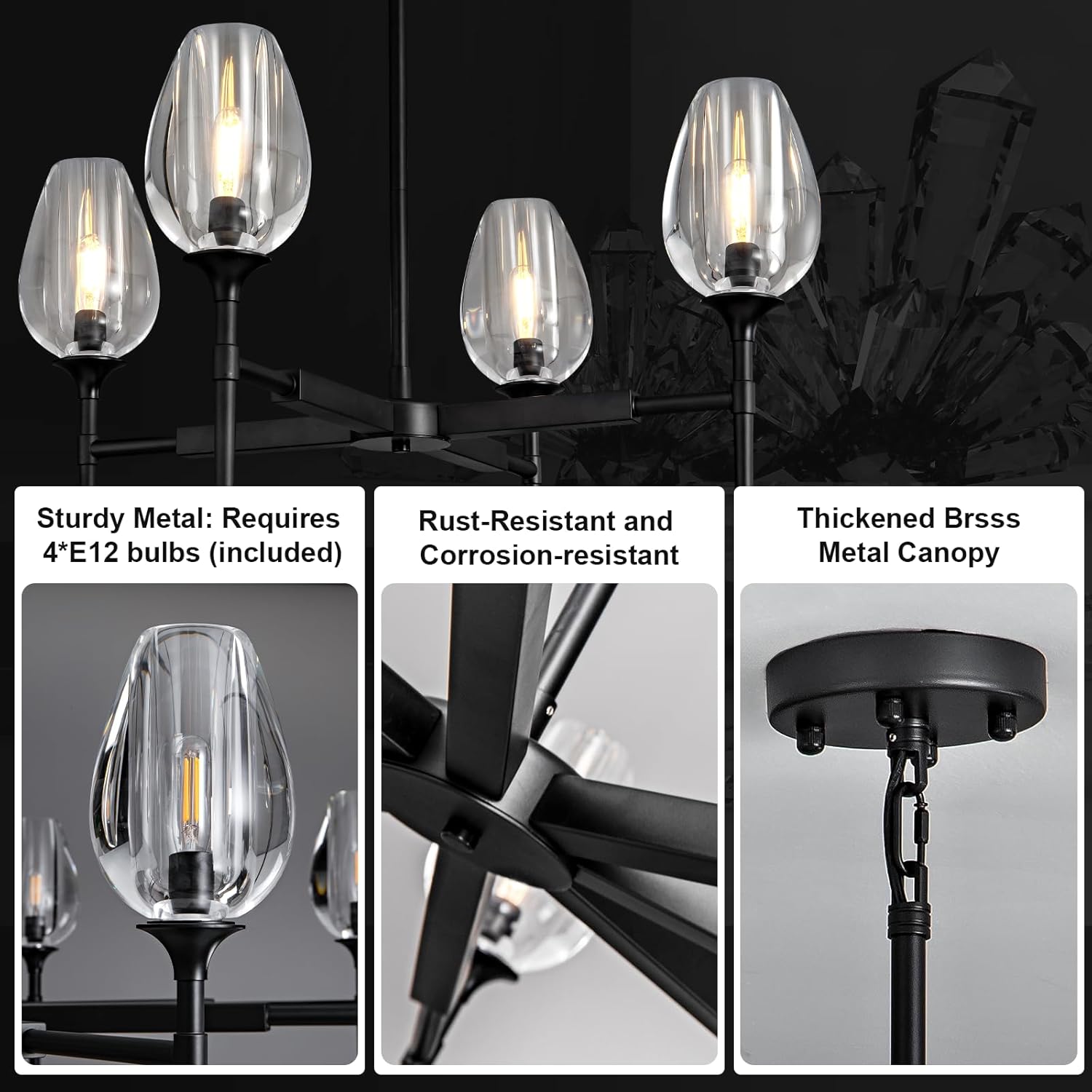 Crystal Black Adjustable 28" Tulip Pendant Chandelier with 4 Lights - Black - 27in - 4LightsBlushlighting