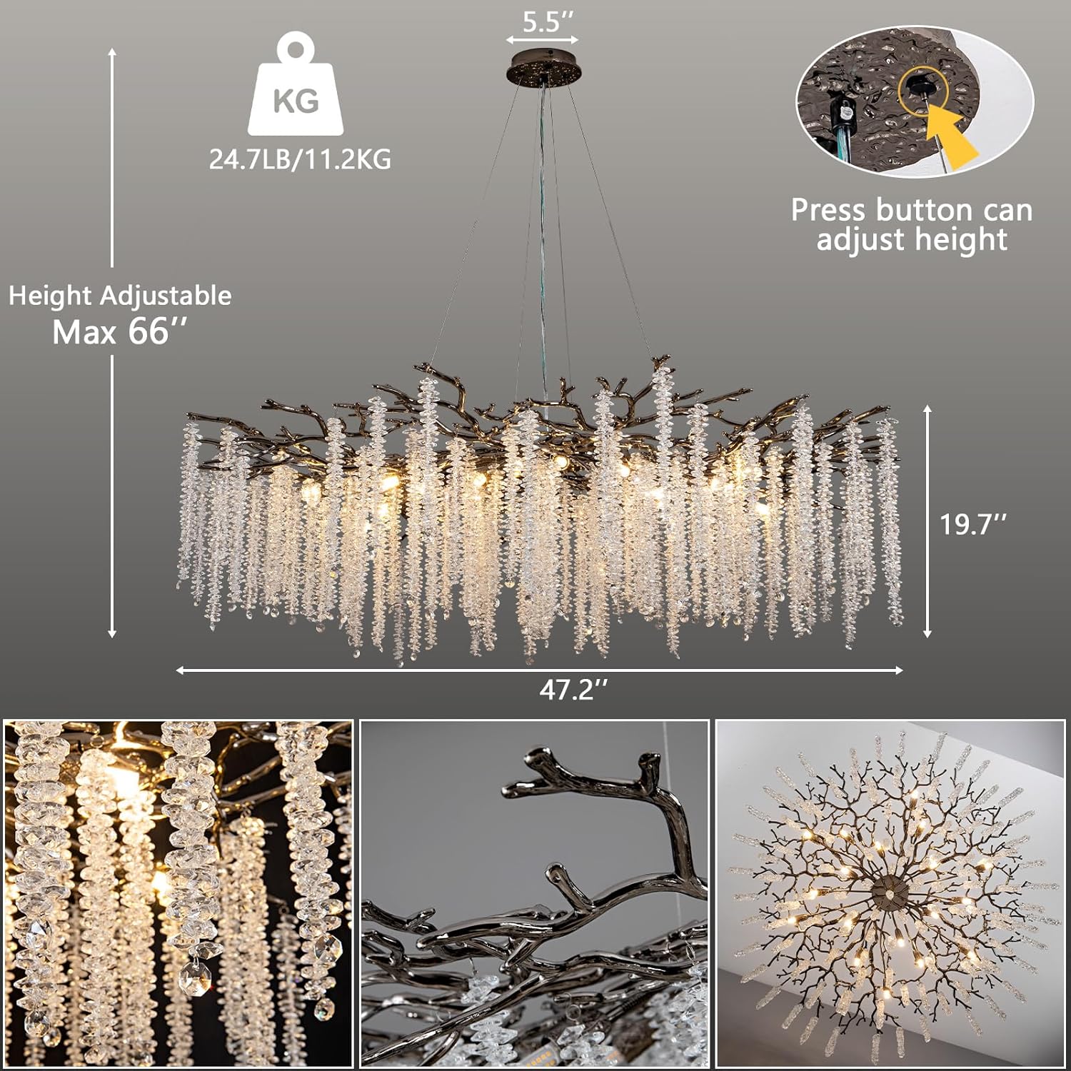 Crystal Chandelier for Dining Room – Modern Black Round Tree Branch Design - Blushlighting