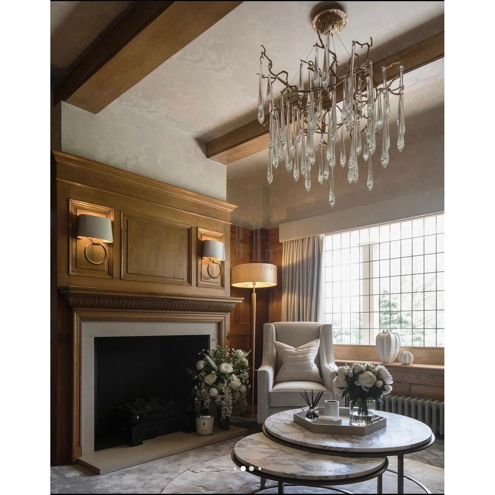 Dawn Teardrop Branch Brass Round Chandelier - 26" diameterClear GlassBlushlighting
