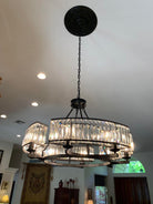 Decorative 6/ 8/ 10/ 12 - Light Crystal Ceiling Chandelier Triangular Prism Island Light Fixture Metal Shade for Living Room - 8 Lights/ D31.5"*H20.1"/24.3kgBlackWarm LightBlushlighting