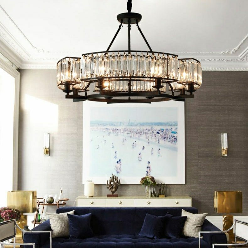 Decorative 6/ 8/ 10/ 12 - Light Crystal Ceiling Chandelier Triangular Prism Island Light Fixture Metal Shade for Living Room - 8 Lights/ D31.5"*H20.1"/24.3kgBlackWarm LightBlushlighting