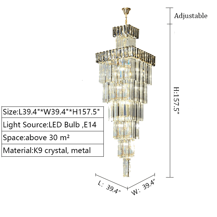 Decorative Large Vertical Crystal Staircase Chandelier Foyer Ceiling Light Fixture Lamp In Gray/ Amber Brim - L39.4"*W39.4"*H157.5"Smoky GrayWarm LightBlushlighting
