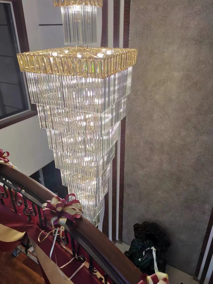 Decorative Large Vertical Crystal Staircase Chandelier Foyer Ceiling Light Fixture Lamp In Gray/ Amber Brim - L15.8"*W15.8"*H55.1"Smoky GrayWarm LightBlushlighting