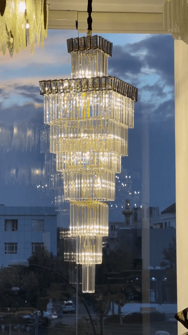 Decorative Large Vertical Crystal Staircase Chandelier Foyer Ceiling Light Fixture Lamp In Gray/ Amber Brim - L15.8"*W15.8"*H55.1"Smoky GrayWarm LightBlushlighting