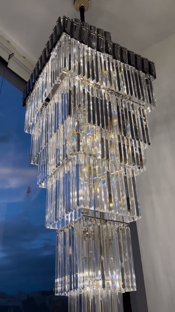 Decorative Large Vertical Crystal Staircase Chandelier Foyer Ceiling Light Fixture Lamp In Gray/ Amber Brim - L15.8"*W15.8"*H55.1"Smoky GrayWarm LightBlushlighting