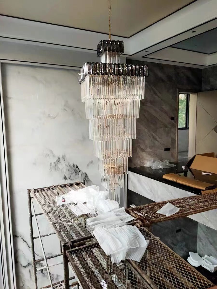 Decorative Large Vertical Crystal Staircase Chandelier Foyer Ceiling Light Fixture Lamp In Gray/ Amber Brim - L15.8"*W15.8"*H55.1"Smoky GrayWarm LightBlushlighting