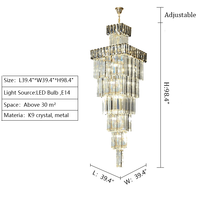 Decorative Large Vertical Crystal Staircase Chandelier Foyer Ceiling Light Fixture Lamp In Gray/ Amber Brim - L39.4"*W39.4"*H98.4"/101.4kgSmoky GrayWarm LightBlushlighting