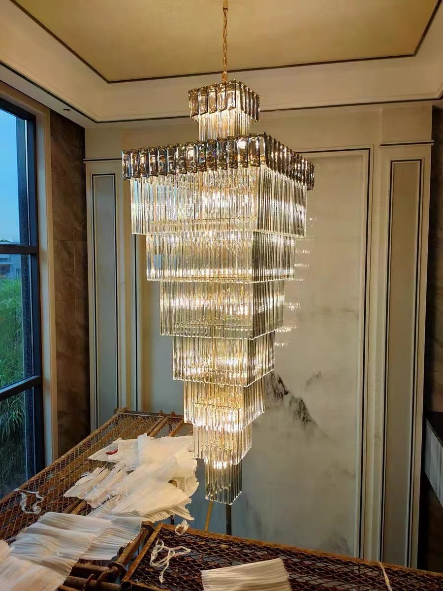 Decorative Large Vertical Crystal Staircase Chandelier Foyer Ceiling Light Fixture Lamp In Gray/ Amber Brim - L15.8"*W15.8"*H55.1"Smoky GrayWarm LightBlushlighting
