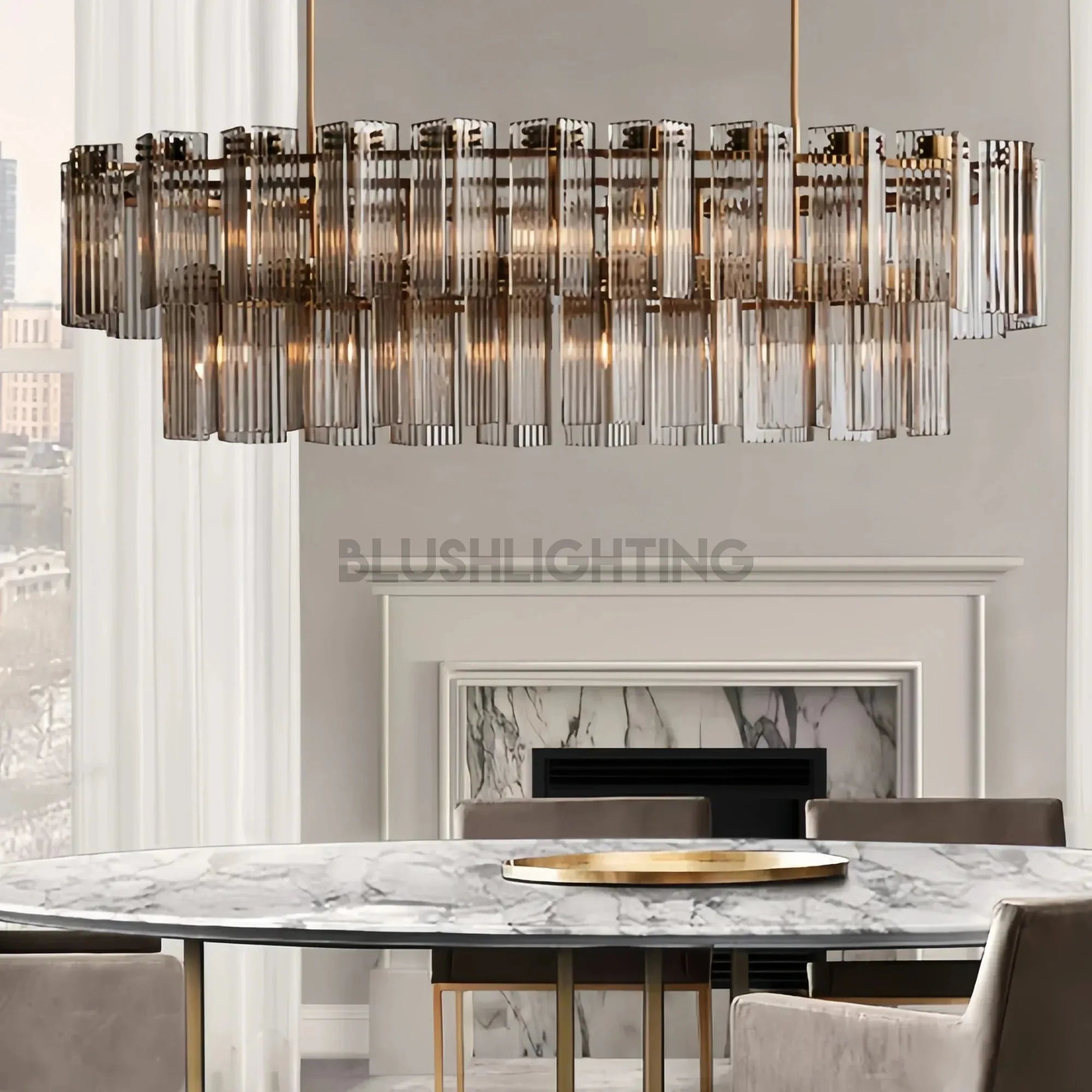 Delsie Oval Chandelier - 63''BrassSmokeBlushlighting