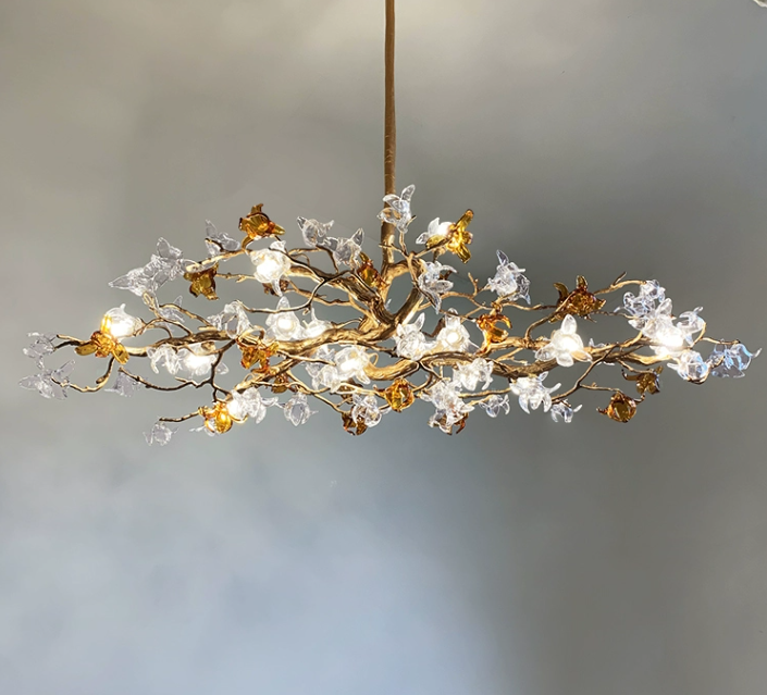 Designer Favorite Brass Branch Chandelier with Artistic Flower Glass for Dining Room Living Room and Kitchen Island-Chandeliers-Blushlighting