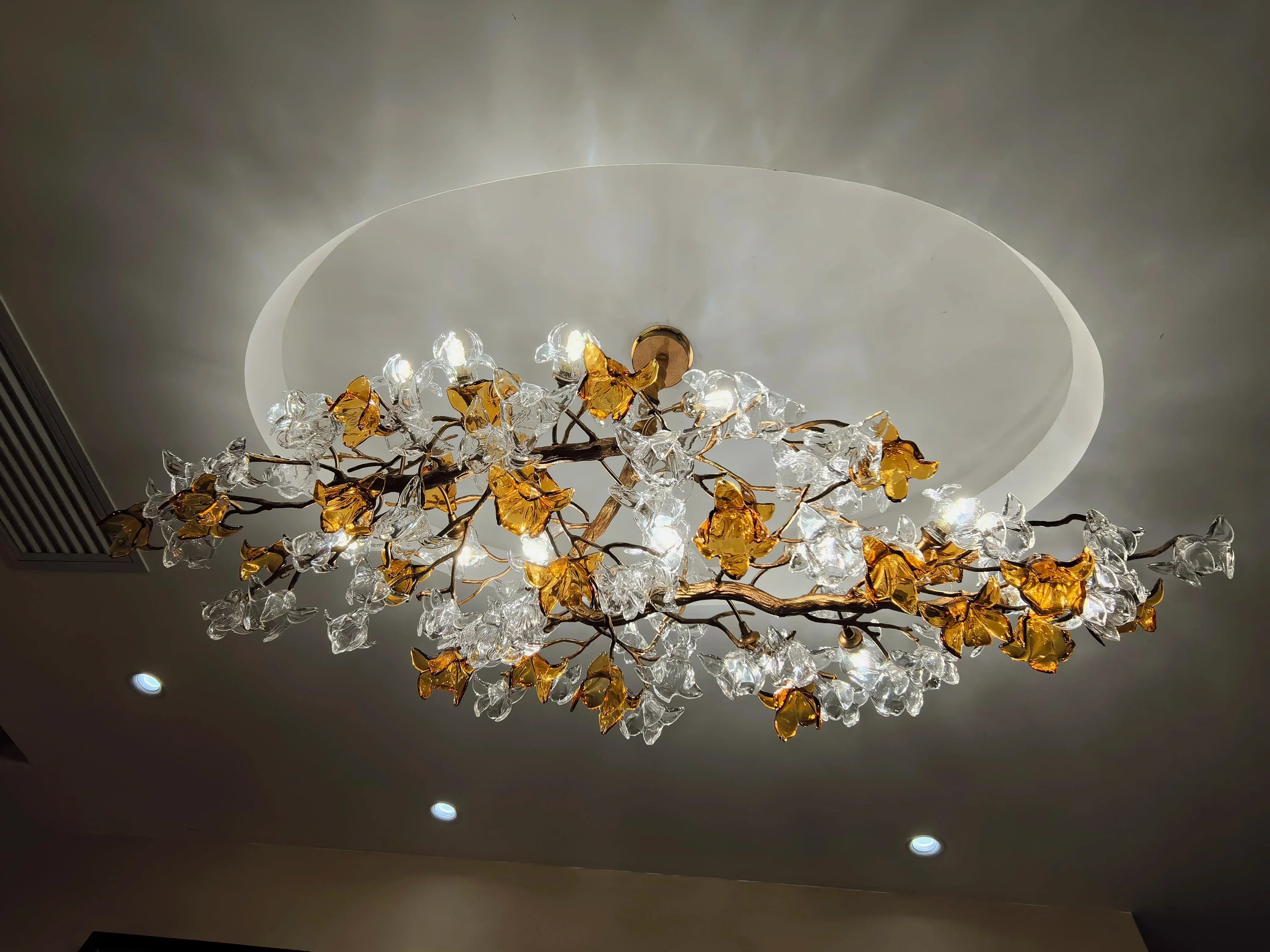 Designer Favorite Brass Branch Chandelier with Artistic Flower Glass for Dining Room Living Room and Kitchen Island - Round/12 Lights/D23.6"*H15.7"Warm LightBlushlighting