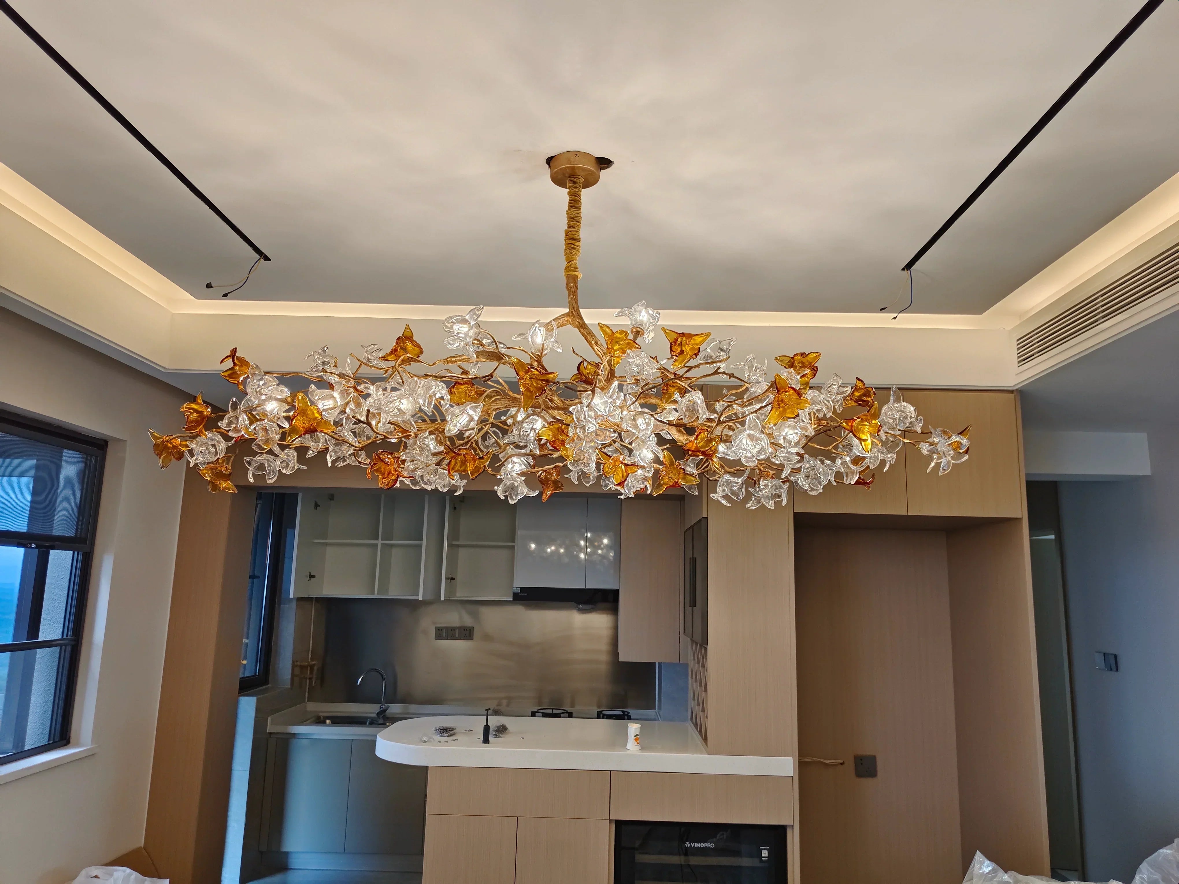 Designer Favorite Brass Branch Chandelier with Artistic Flower Glass for Dining Room Living Room and Kitchen Island - Round/12 Lights/D23.6"*H15.7"Warm LightBlushlighting