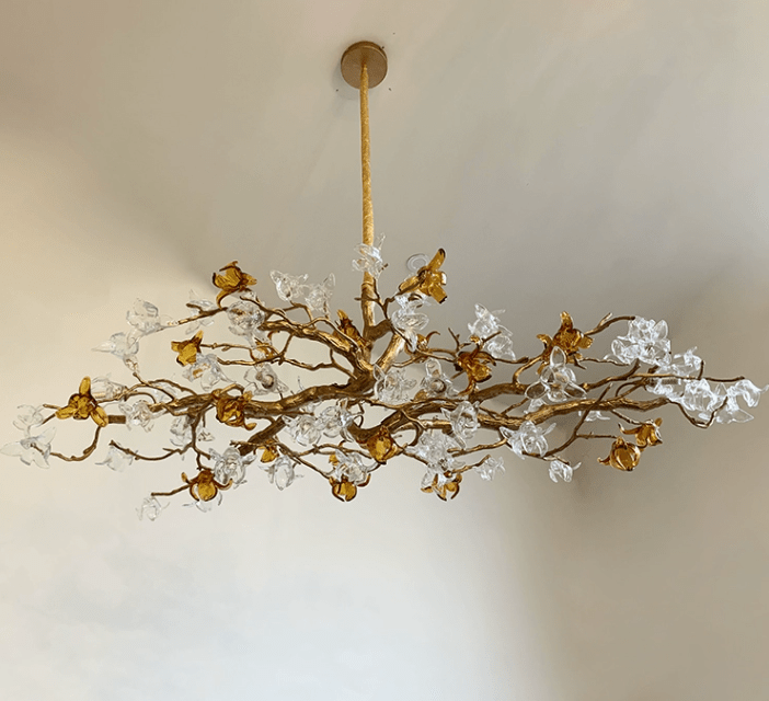 Designer Favorite Brass Branch Chandelier with Artistic Flower Glass for Dining Room Living Room and Kitchen Island - Round/12 Lights/D23.6"*H15.7"Warm LightBlushlighting