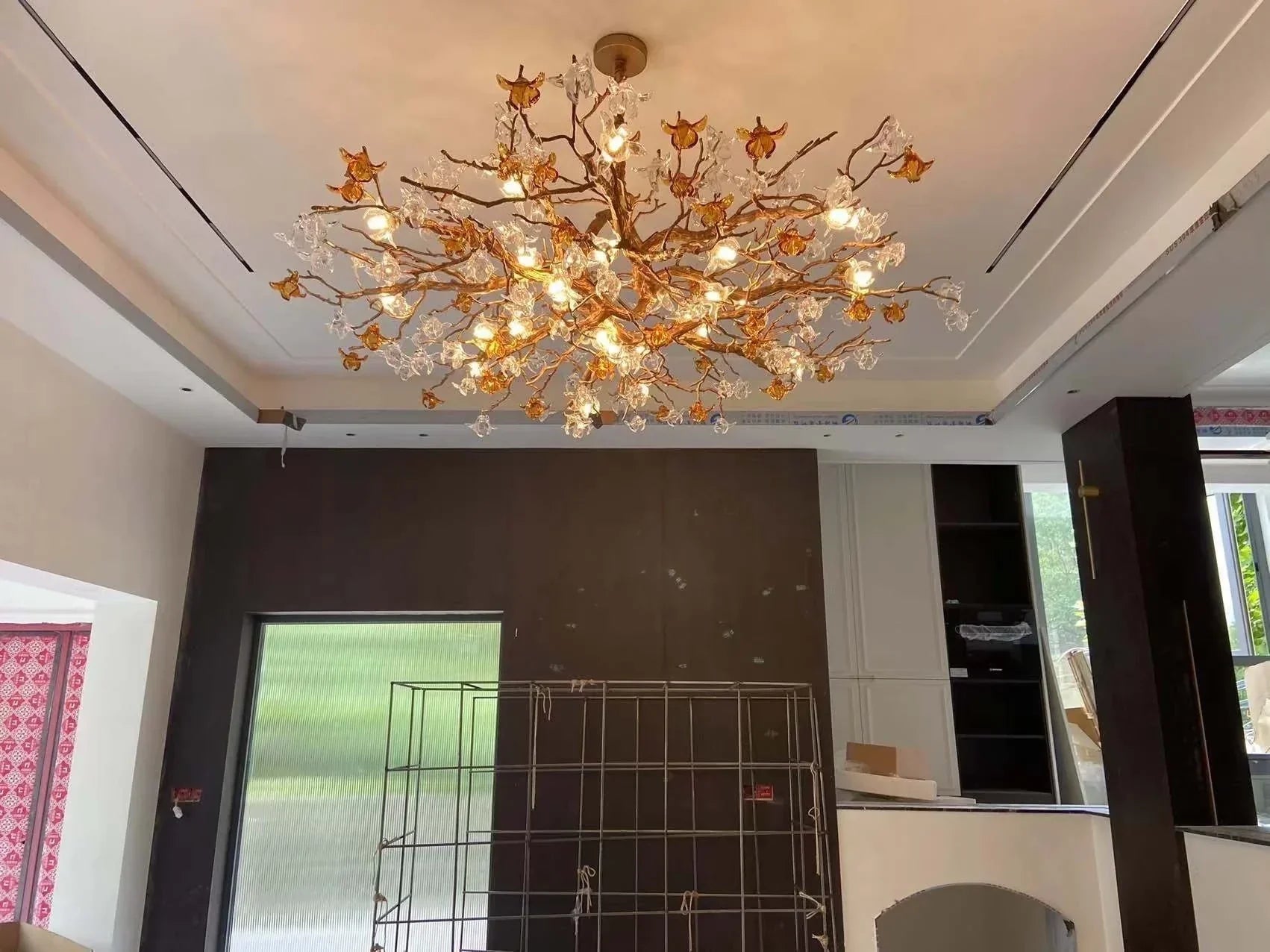 Designer Favorite Brass Branch Chandelier with Artistic Flower Glass for Dining Room Living Room and Kitchen Island - Round/12 Lights/D23.6"*H15.7"Warm LightBlushlighting