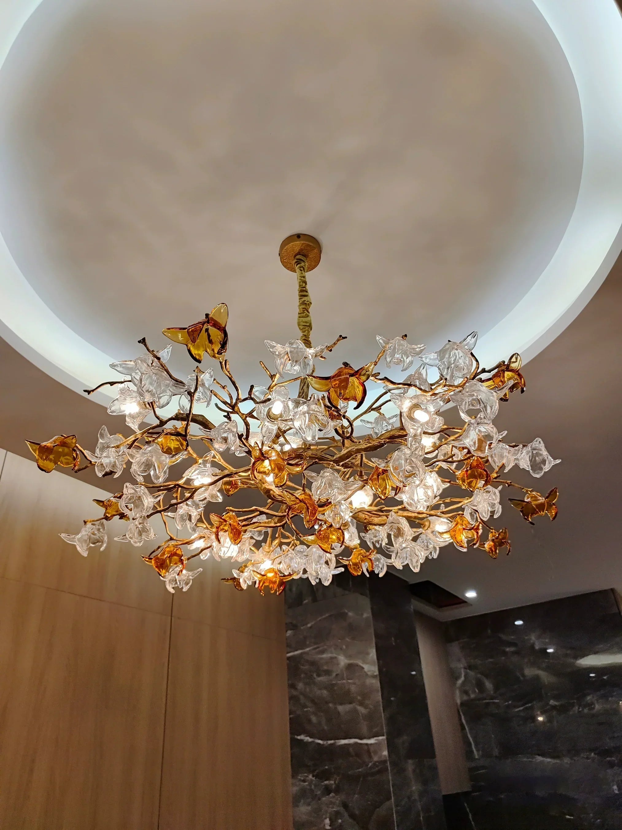 Designer Favorite Brass Branch Chandelier with Artistic Flower Glass for Dining Room Living Room and Kitchen Island - Round/12 Lights/D23.6"*H15.7"Warm LightBlushlighting