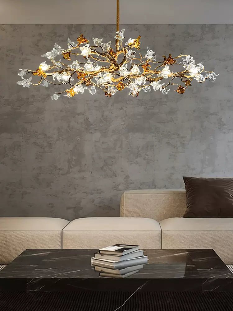 Designer Favorite Brass Branch Chandelier with Artistic Flower Glass for Dining Room Living Room and Kitchen Island - Round/12 Lights/D23.6"*H15.7"Warm LightBlushlighting