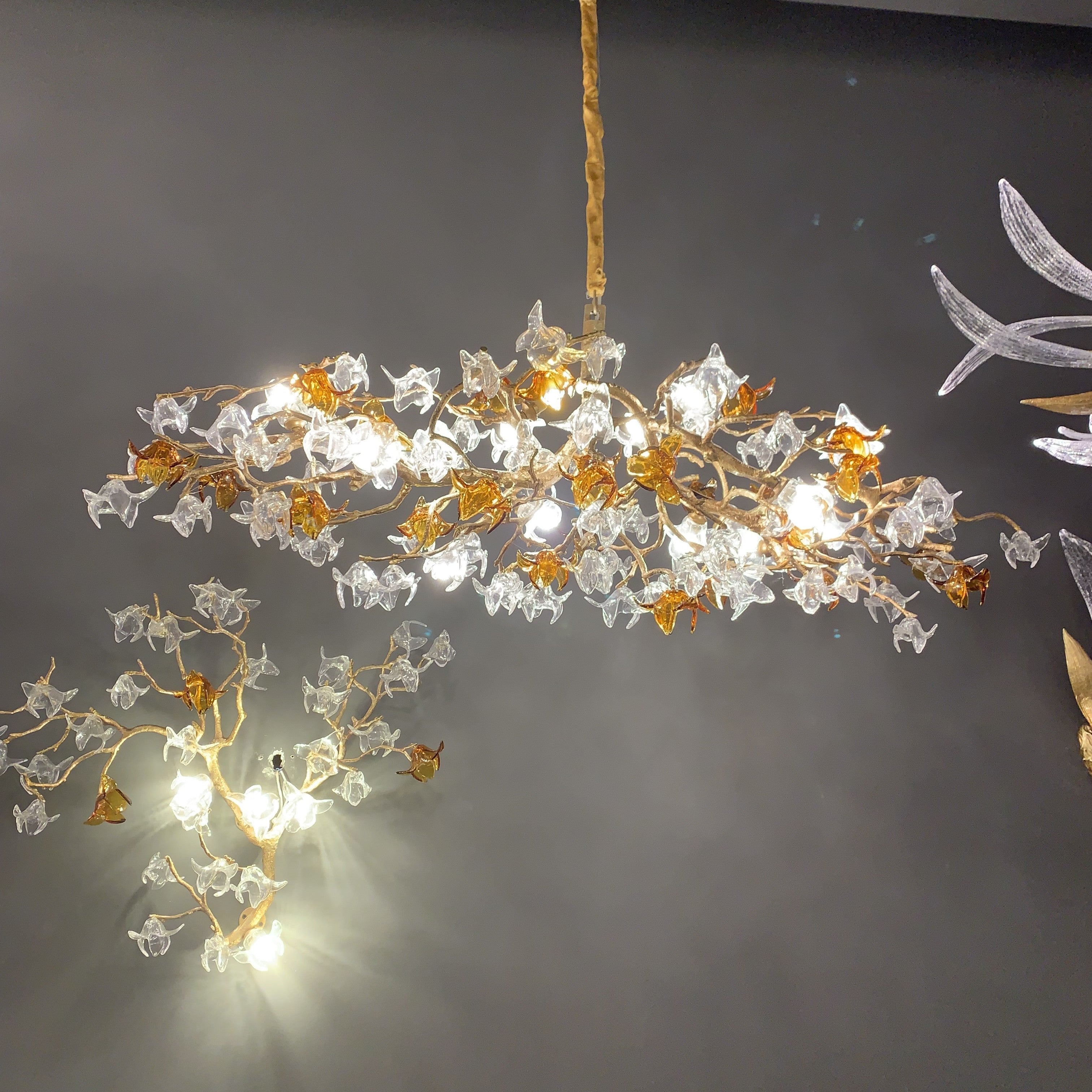 Designer Favorite Brass Branch Chandelier with Artistic Flower Glass for Dining Room Living Room and Kitchen Island-Chandeliers-Linear/12 Lights/L39.4"*W15.75"*H15.75"-Warm Light-Blushlighting