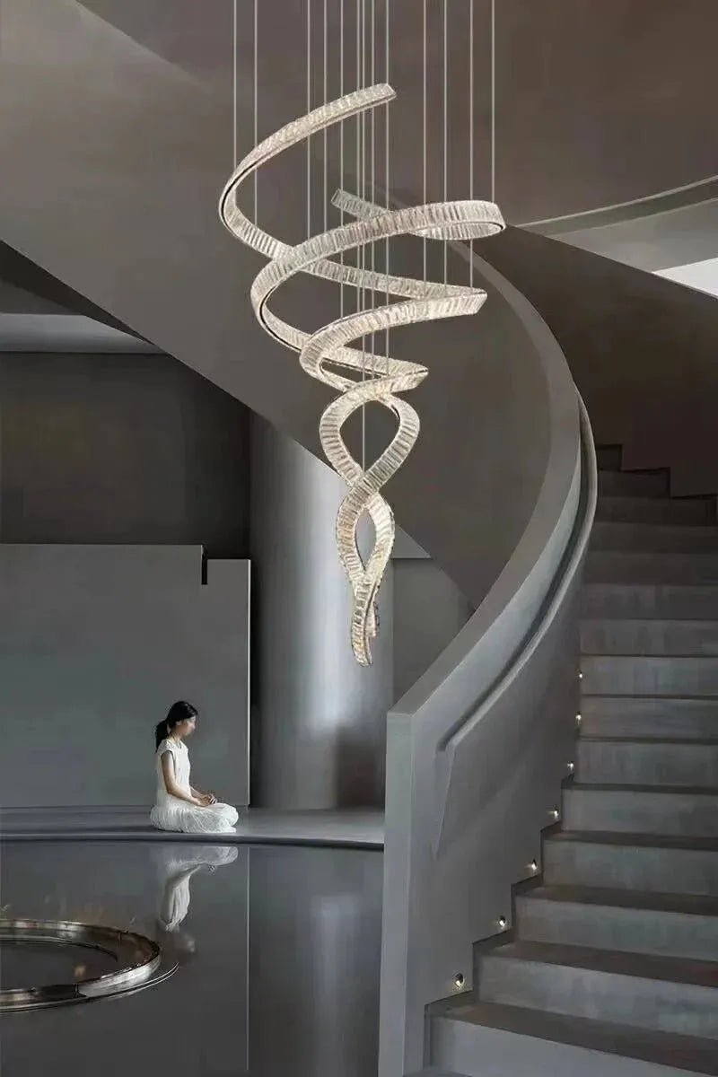 Designer Foyer Living Room Ceiling Light Fixture Stylish Spiral Crystal Chandelier for Hotel Entrance - D39.4"*H98.4"/47kgWith CanopyWarm LightBlushlighting