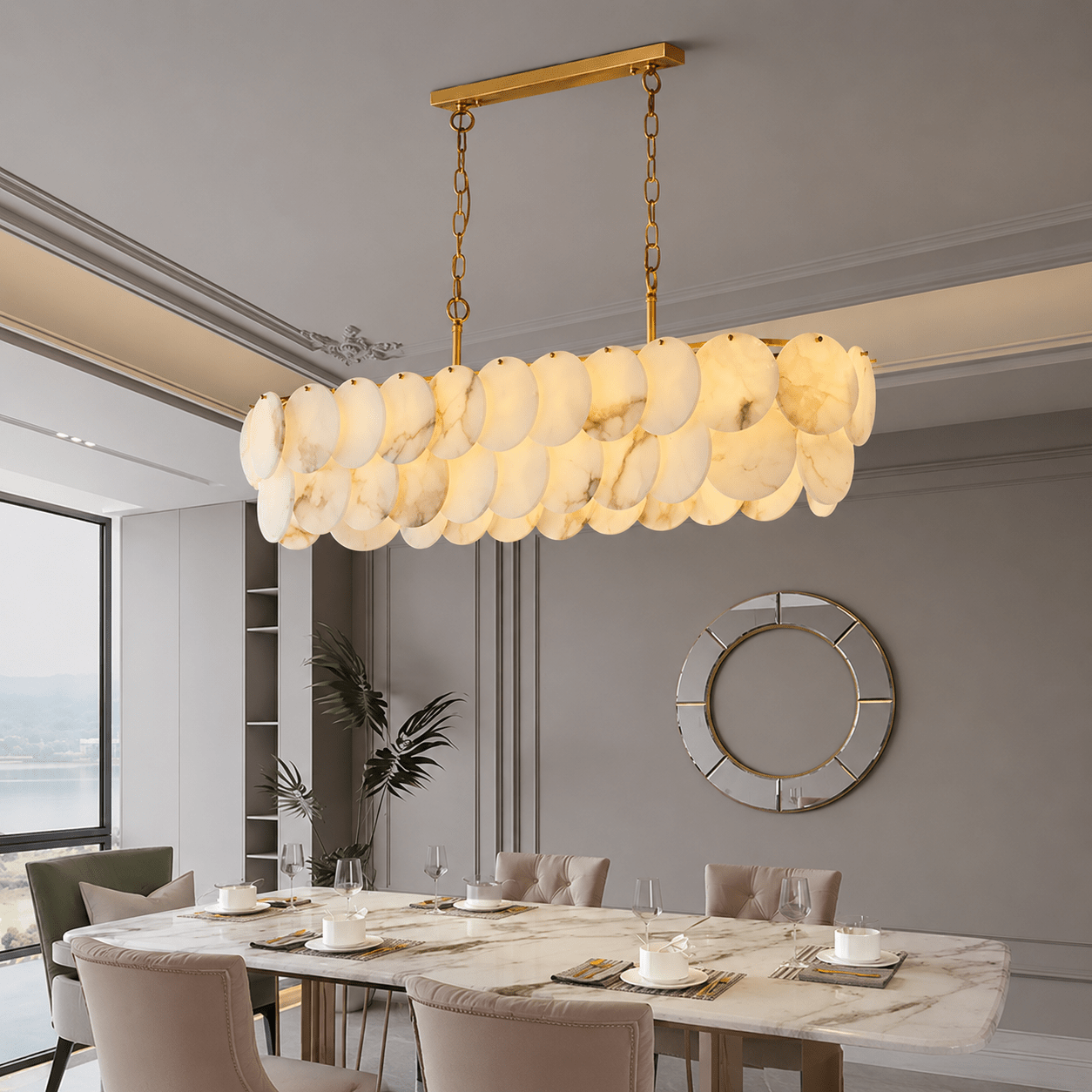 Dining Room Linear Chandelier | French Art Deco Spanish Alabaster | Valencia - L47.24 × W11.81 × H11 inBlushlighting