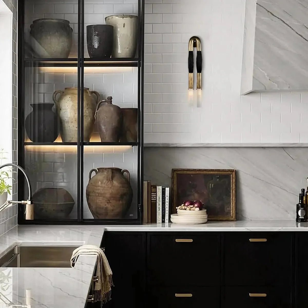 Double Head Antonia Horsehair Sconce - Dia 14cm X H 78cm / ∅ 5.5″ X H 30″Aged BrassJet BlackBlushlighting
