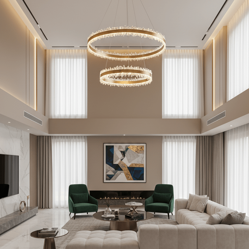 Double Round Rings Quartz Crystal Chandelier Hanging Modern Chandelier for Living Room - Diam 31.5'' + 16''Blushlighting